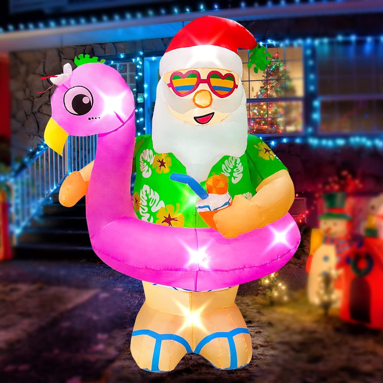 6ft Christmas Inflatable Hawaiian Santa with Flamingo Pool Float