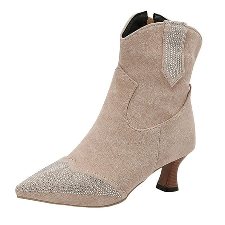 OJSFQUFP Women Ankle Boots Women s Retro Solid Suede Rhinestone Pointed Toe Heel Fashion Ankle Boots Comfortable Fall Shoes Rubber Boots Beige 36
