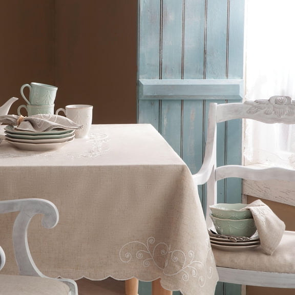 Lenox French Perle Linen Embroidered Tablecloth, Linen, 60"W x 120"L