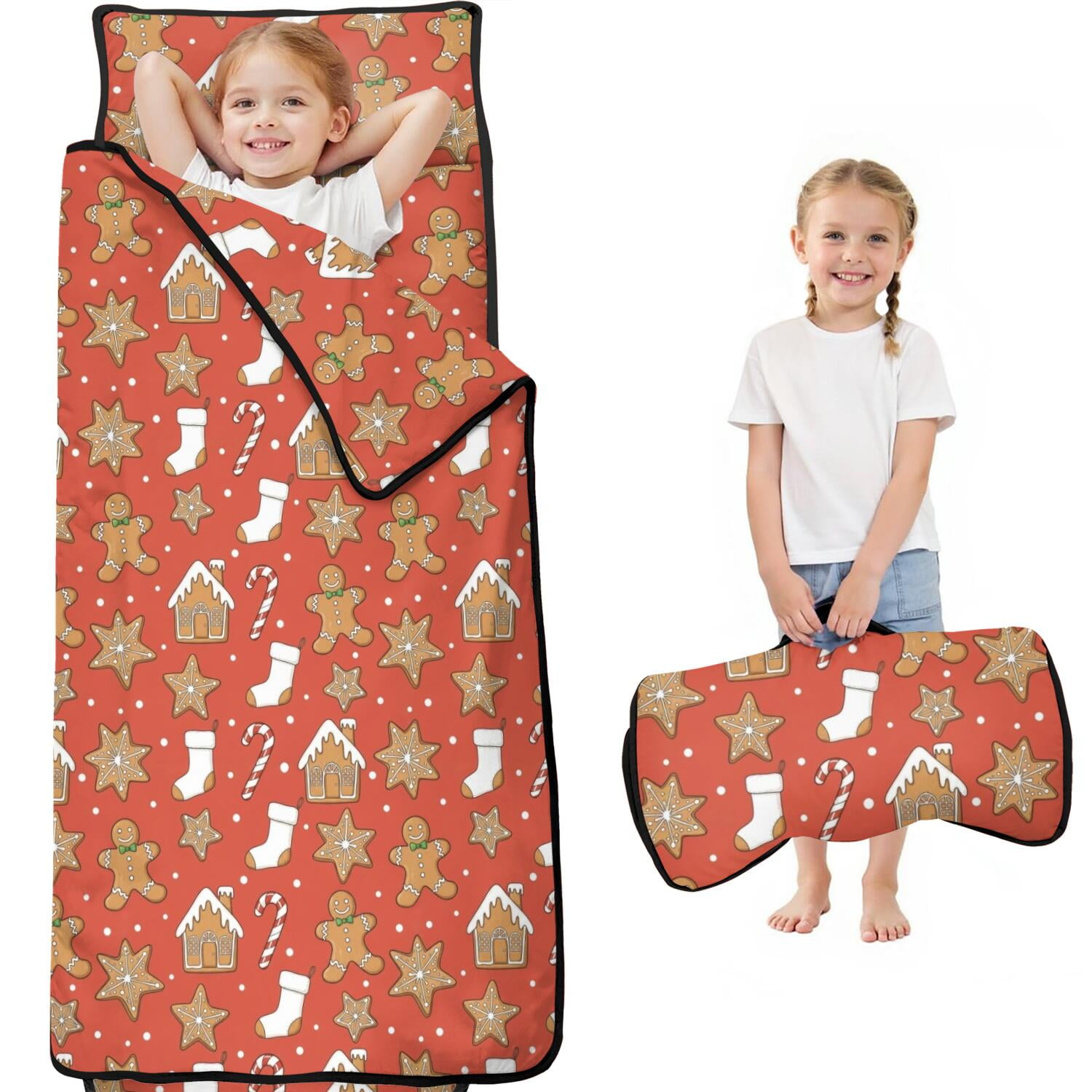 Christmas Gingerbread Candy Cane Pattern Kids Nap Mat Sleeping Mat with Removable Pillow with Handle & Fastening Straps Soft Skin Friendly Gifts for Toddlers Kids Boys Girls 59 x22