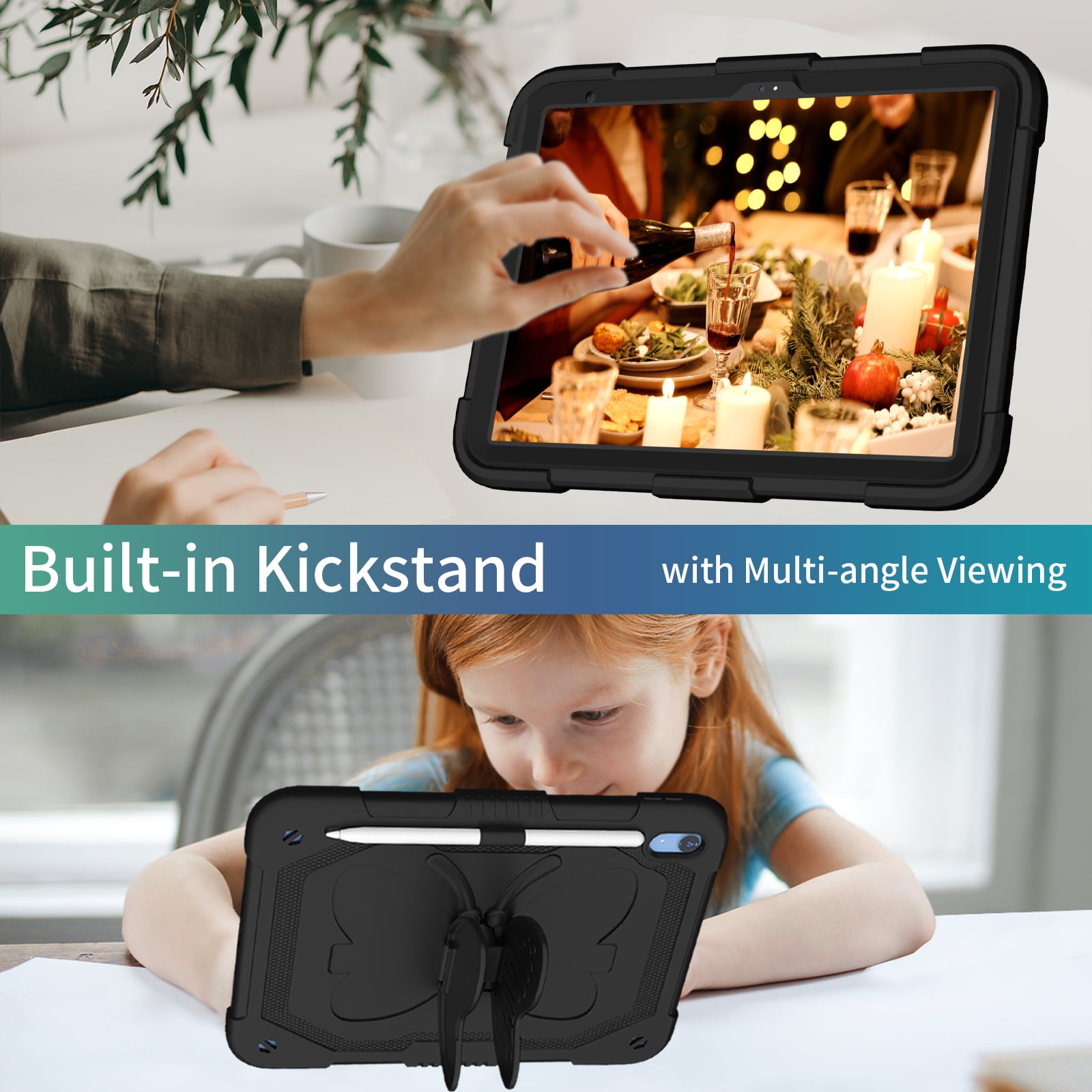 iPad 10th Generation 10.9 Inch 2022 Case with Kickstand Butterfly Wings Pencil Holder, TECH CIRCLE Heavy Duty Hard Rugged Protective Kids Girls Cover for iPad 10th Gen 10.9 Inch 2022,Black
