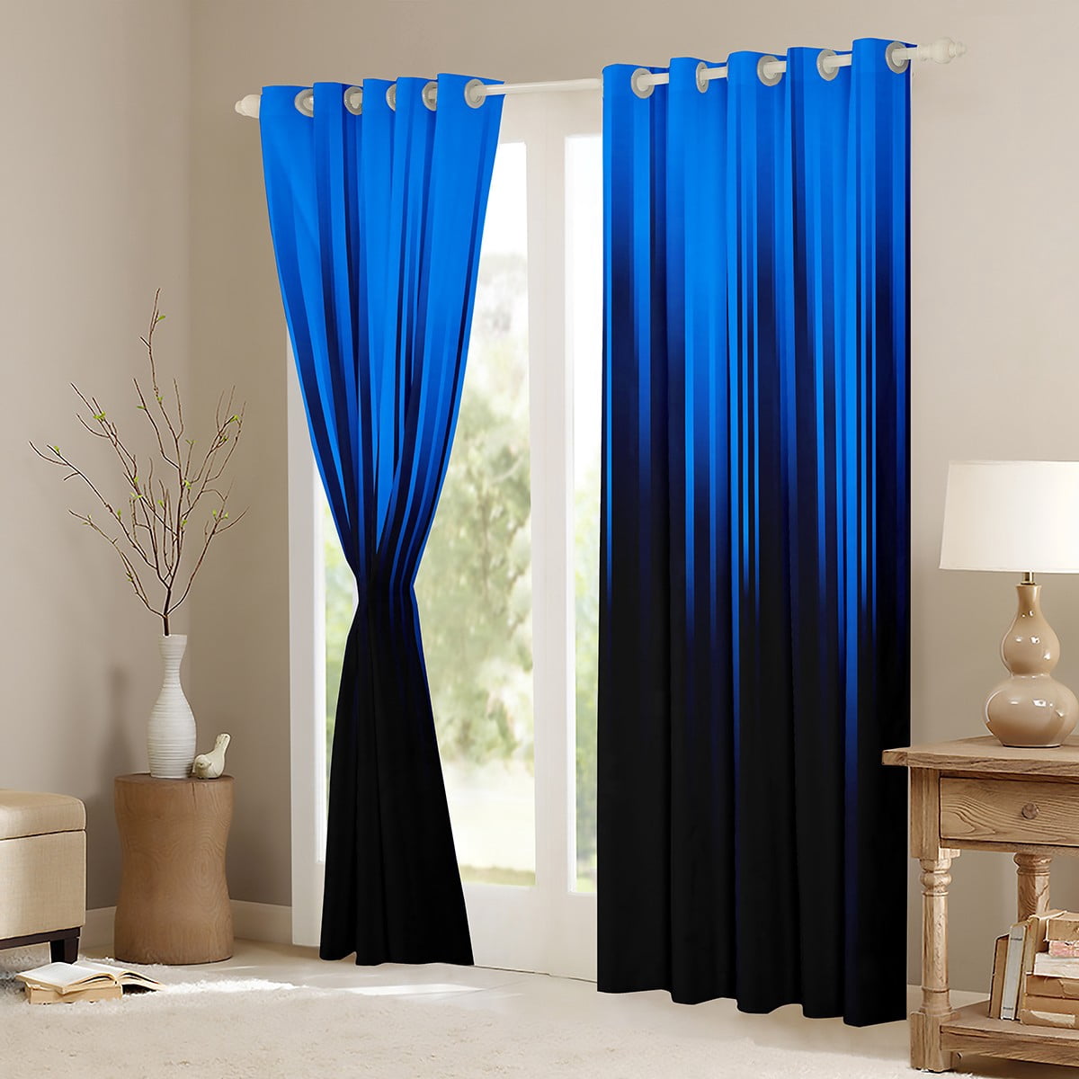 Gradient Blackout Curtains Black Blue Ombre Abstract Curtains & Drapes,Retro Geometric Stripes Window Curtains,Boho Exotic Geometry Striped Curtains 38"Wx45"L