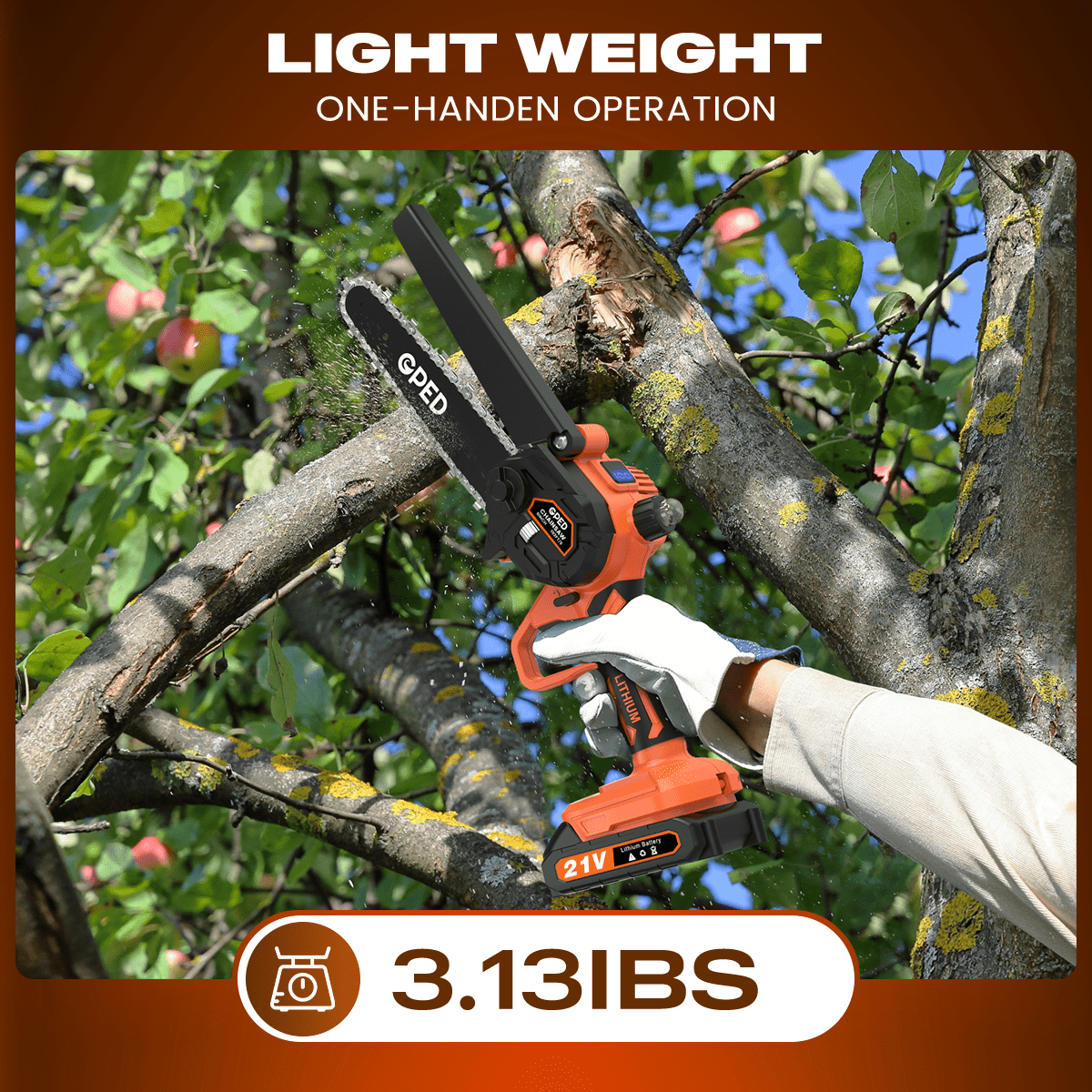 GPED Mini Chainsaw Cordless 6 inch with 2 Battery, Mini Power Chain Saw with Security Lock, Electric Chainsaw, Handheld Small Chainsaw for Tree Trimming Wood Cutting, Orange