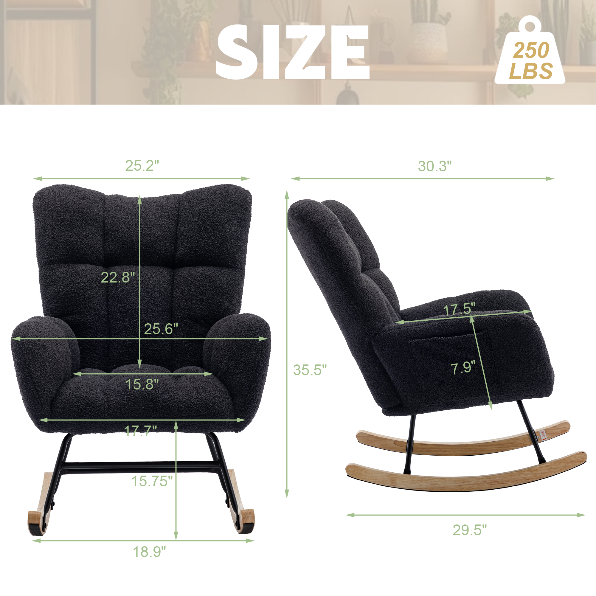 Hforesty Nursery Rocking Chair Teddy Upholstered Glider Rocker,with Comfortable Armchair for Living Room & Nursery, BLACK