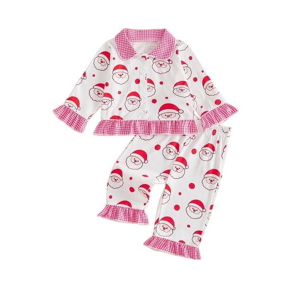 RUINIXCW Toddler Baby Girl Christmas Pajamas Set Kids Spring Fall Winter PJS Sleepwear Ruffled Button Down Collar Long Sleeve Shirt Tops Pants Set