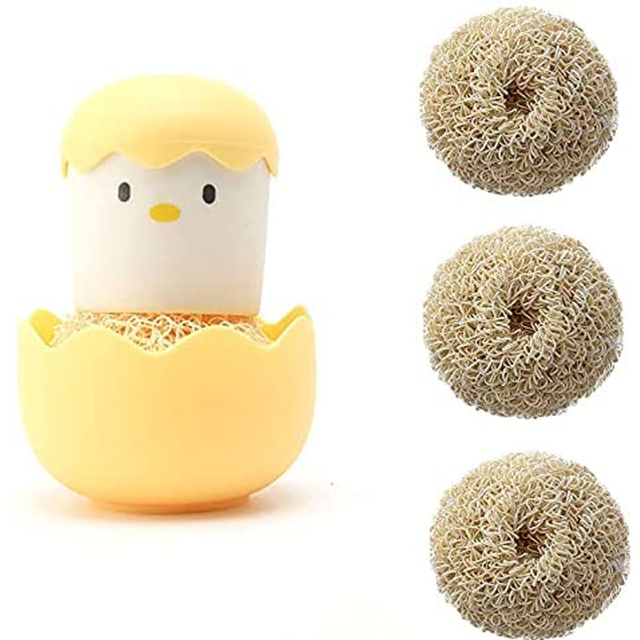 Cepillo de cocina con forma de huevo de pollito, bola de limpieza nano de dibujos animados, cepillo duradero para lavar ollas, cepillo de limpieza para ollas y tazones para el hogar con mango