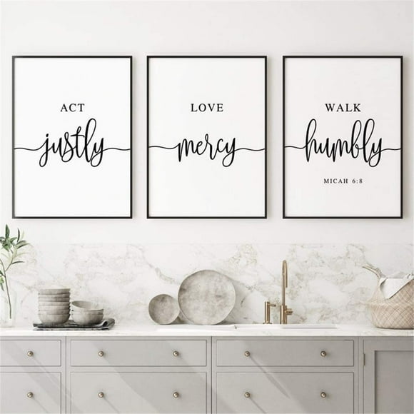 Canvas Painting 3 Piece Prints Act Justly, Love Mercy, Walk Humbly Wall Art Modular Bible Verse Poster Pictures Framed Christian Artwork for Living Room Home Decor with Wooden Inner Frame