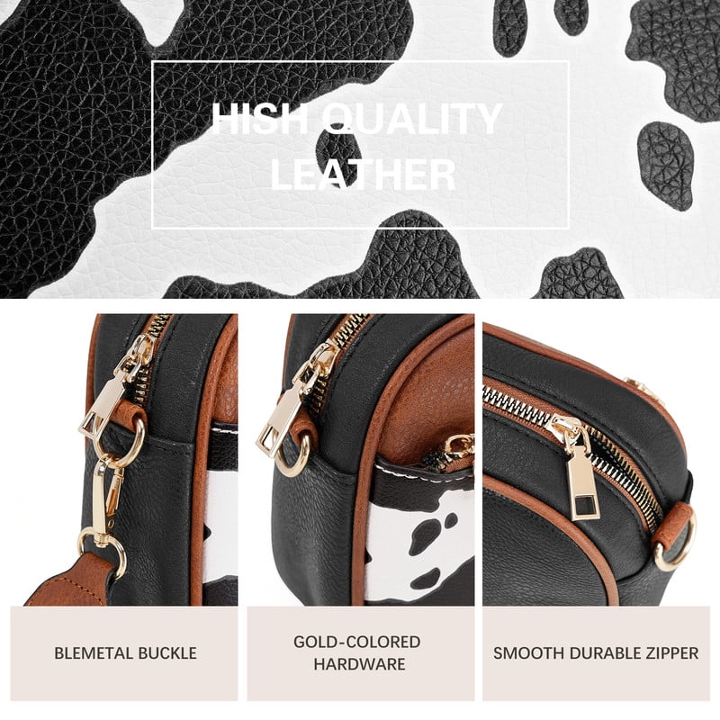 FALAN MULE Women's Leather Crossbody Bag, Cow Print Cell Phone Purse, Triple Zip Pocket, Adjustable Shoulder Strap