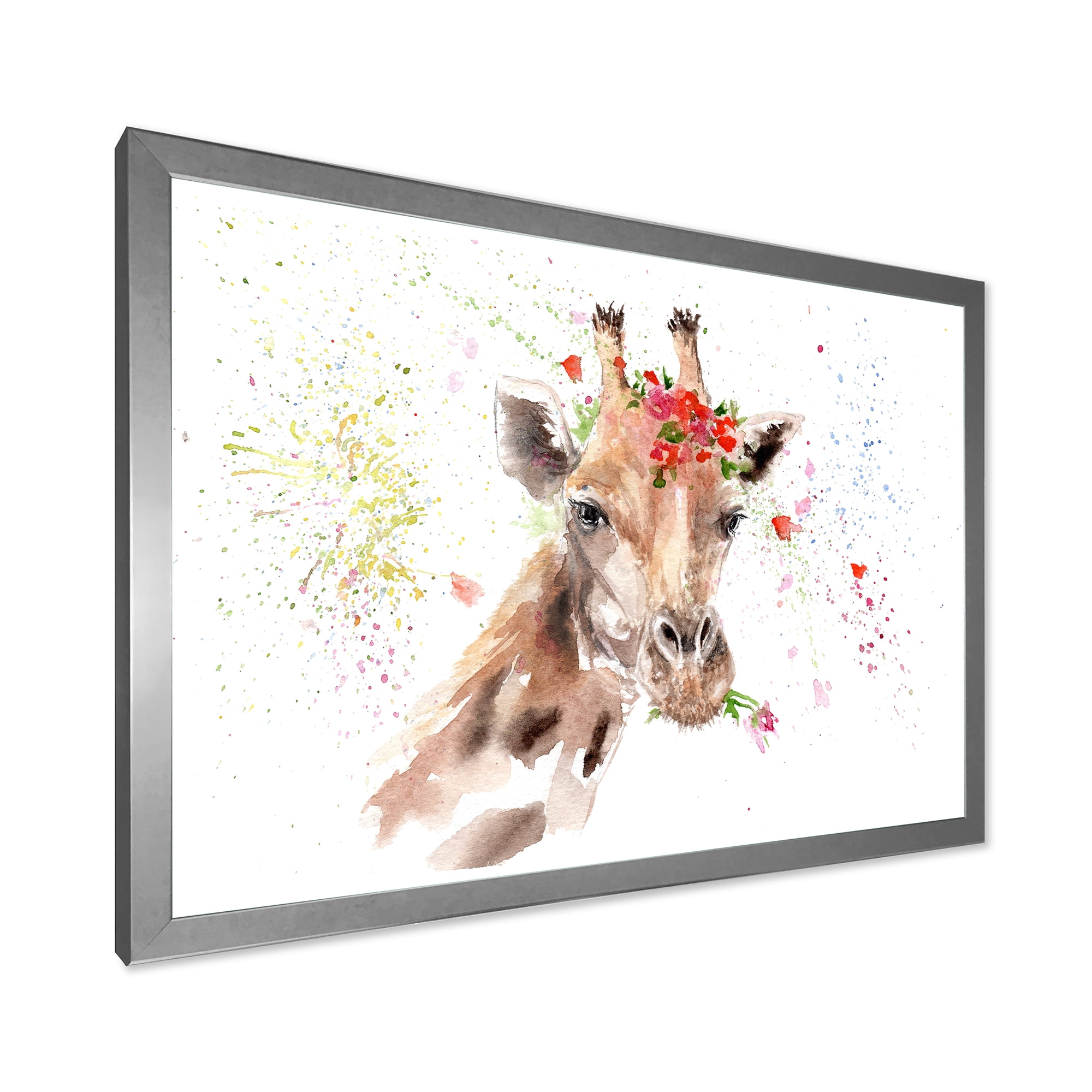 Designart 'Portrait of A Giraffe With Red Flowers II' Farmhouse Framed Art Print