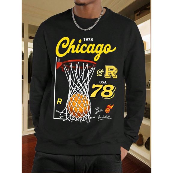 Men's Vintage-Inspired Los Angeles Print Sweatshirt - Casual & Sporty, Long Sleeve, Round Neck, Black Pullover With Polyester BlendPolyester & Elastane Crew Neck Top With Medium Stretch For All Seaso