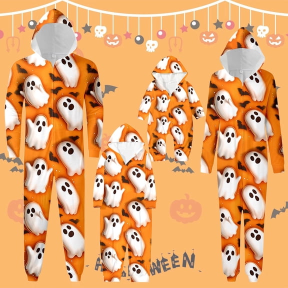 Halloween Pajamas Sets Ghost Print Pajamas Hooded Onesie Loungewear Sleepwear Adult Family Pjs Matching Sets XL