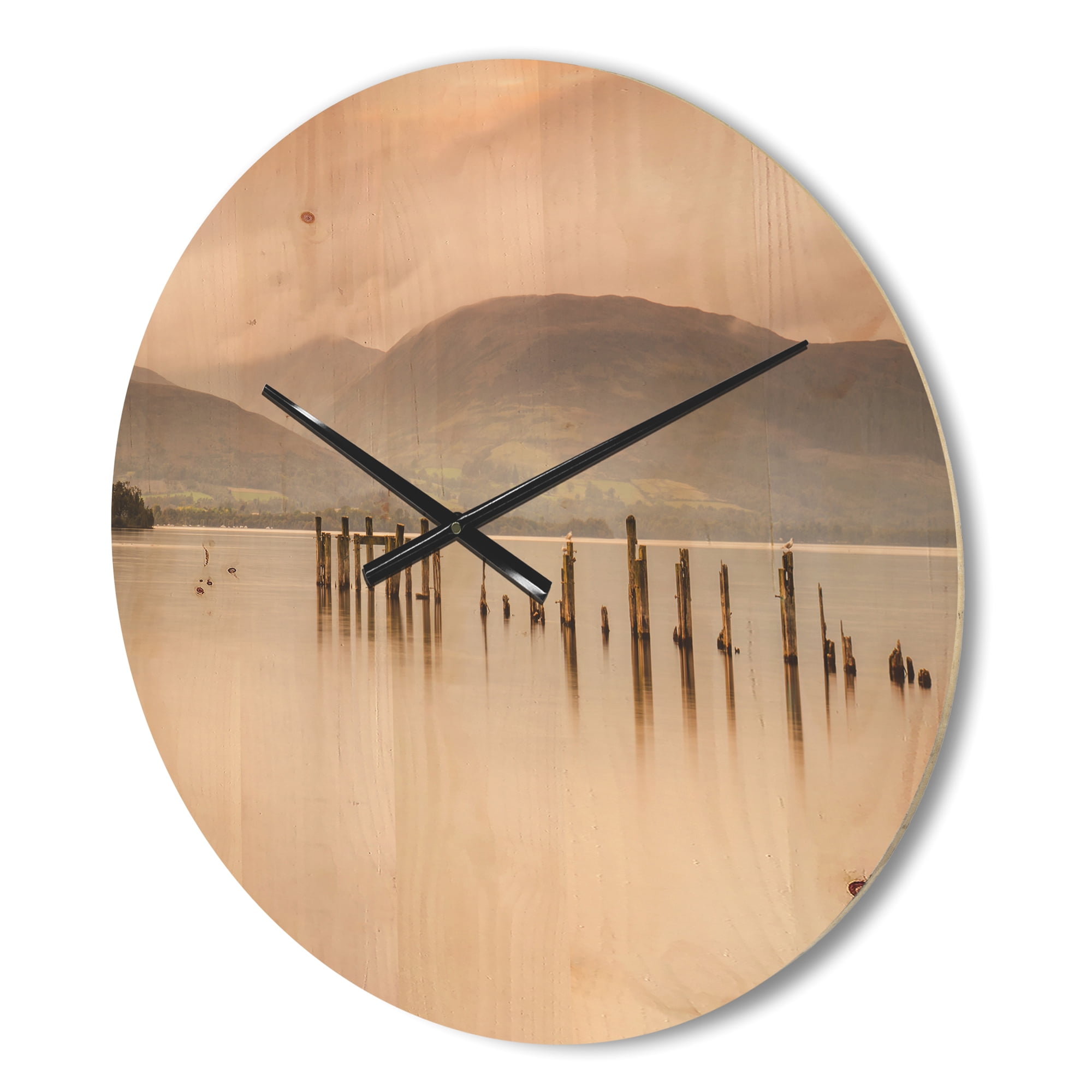 Designart 'Loch Lomond Jetty and Mountains Landscape' Modern Wood Wall Clock