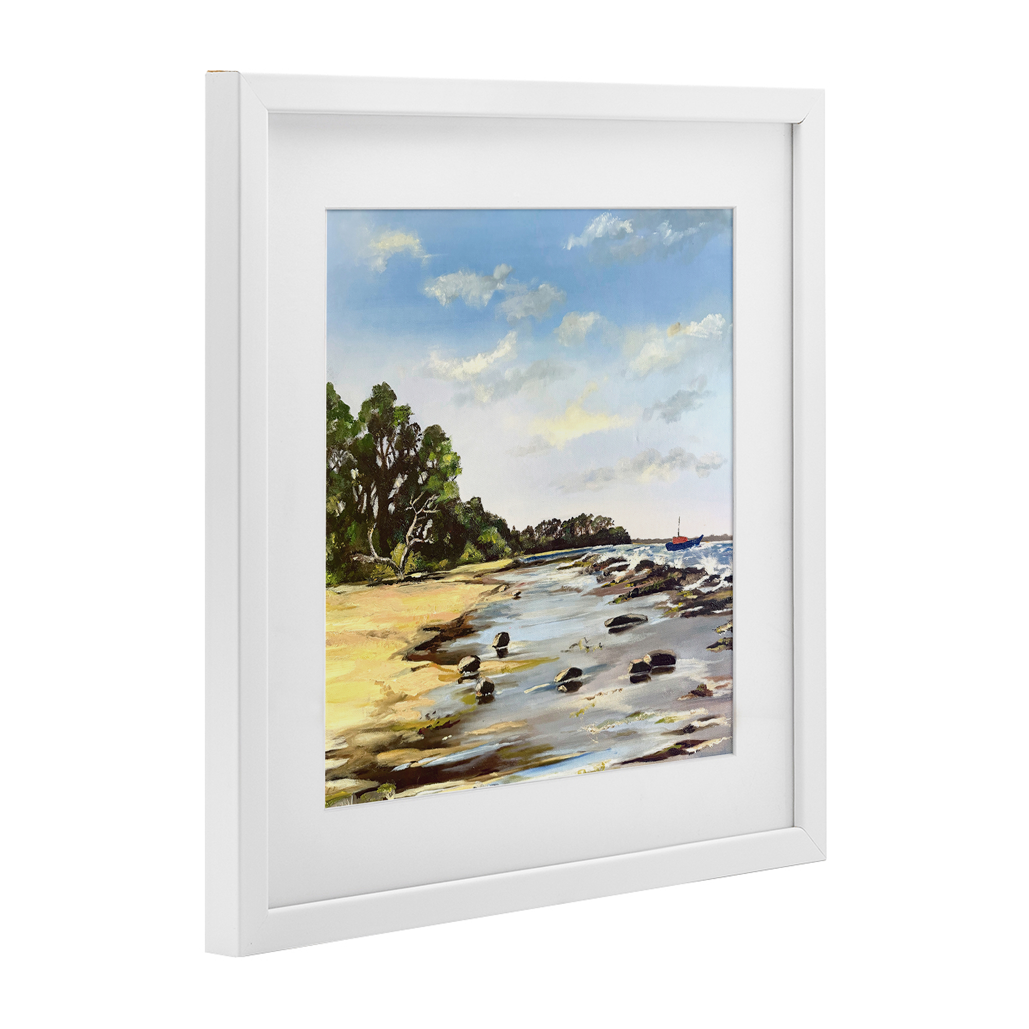 Low Tide Seascape White Framed Print Under Glass, design by Patricia Reynolds