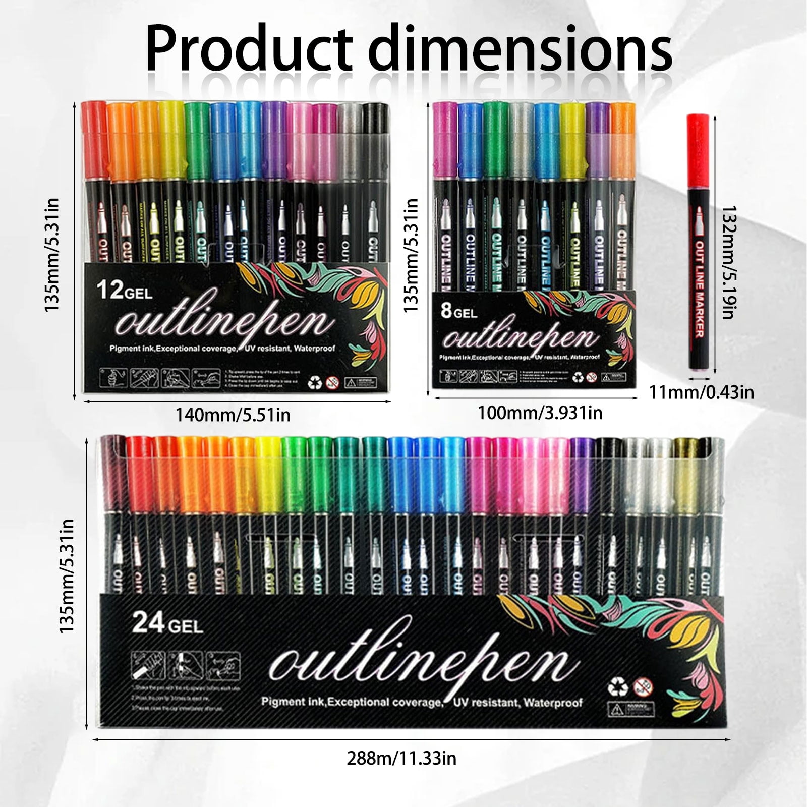 Dreamy Sparkle Dual-Line Contour Pen, Double Line Super Squiggles Glitter & Metallic Markers, 8/12/24 Colors Self-Outline Metallic Markers Glitter Writing Drawing Pens (12gel)