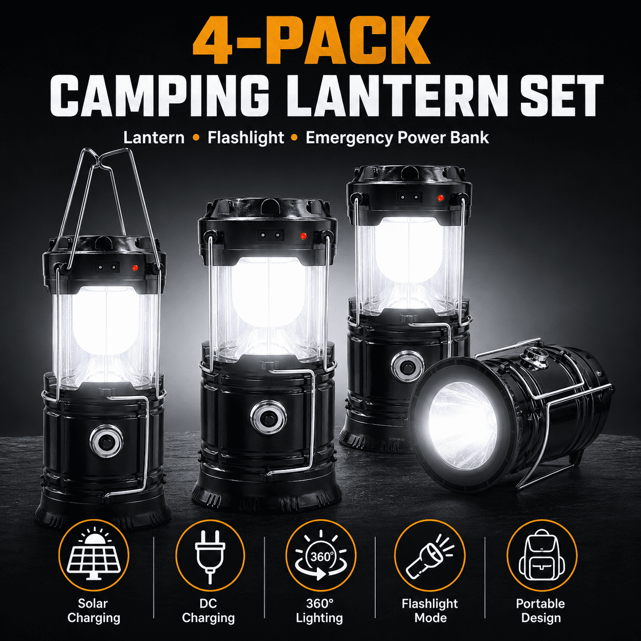 BEEPRINCESS 4 Pack LED Camping Lantern, Solar and Rechargeable Lantern Flashlight Collapsible and Portable Light for Camp/Hiking/Emergency/Hurricanes/Storm