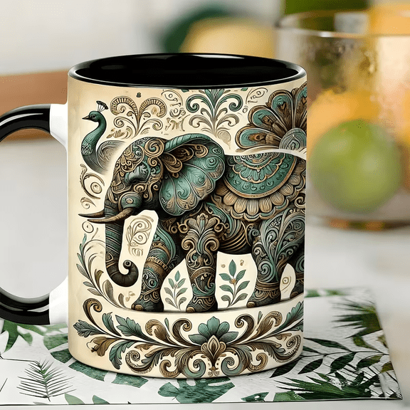 Vintage Elephant Art Ceramic Coffee Mug, 11 oz