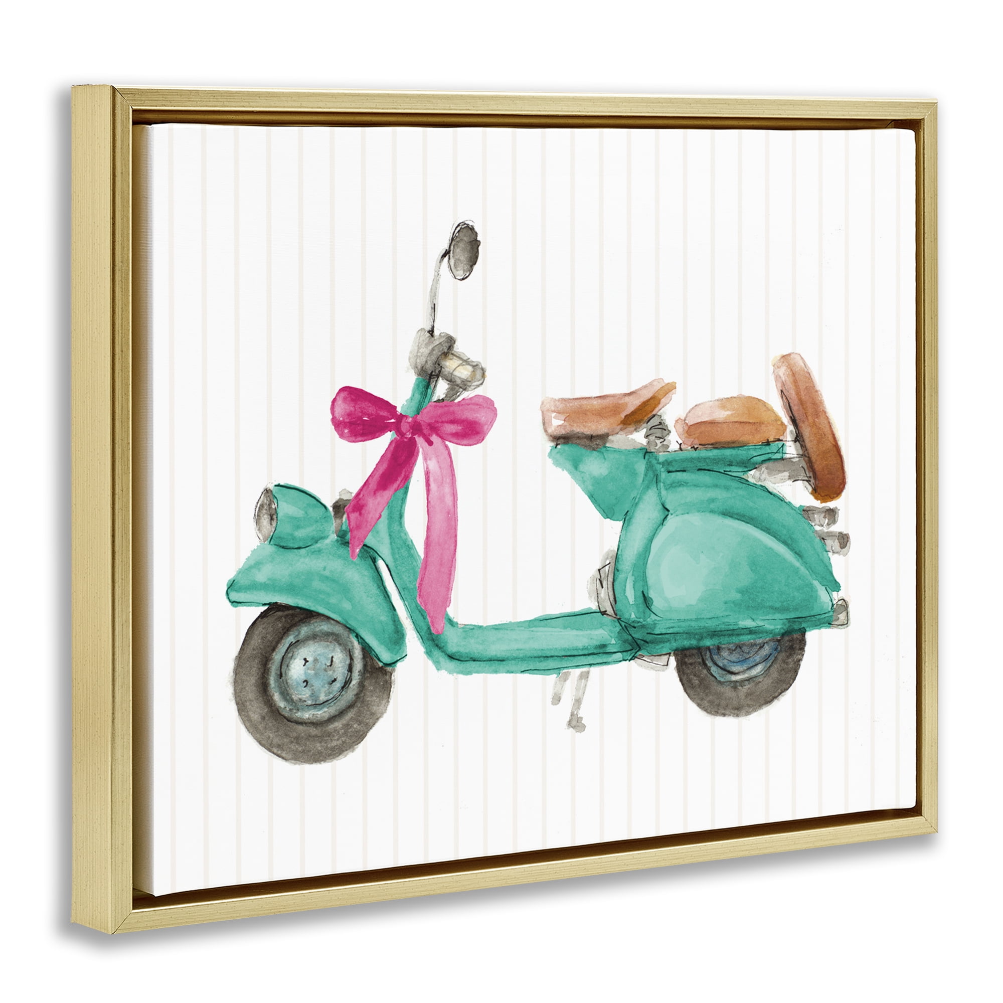 Stupell Industries Turquoise Scooter & Bow Transportation Painting Gold Floater Framed Canvas Art Print Wall Art, 21 x 17