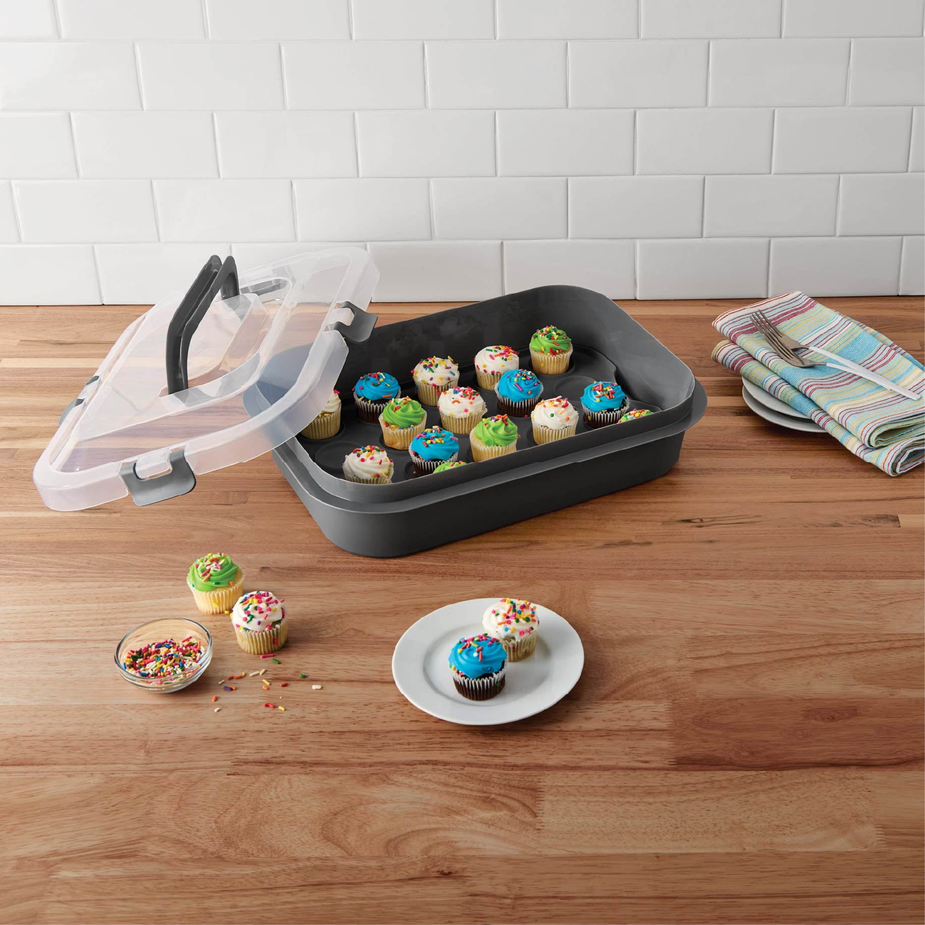 Mainstays Rectangular Cupcake & Cake Carrier with Lid, Handle, Clasps & Removeable Flippible Cupcake Tray, Grey Plastic