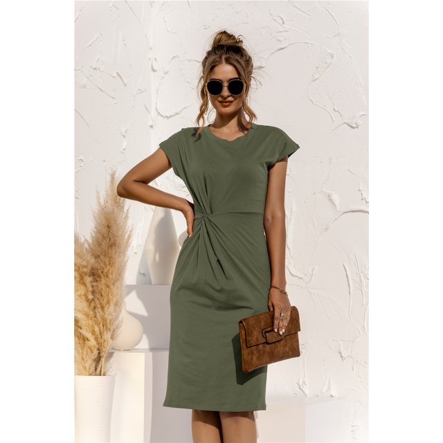 Nouvelle Robe Midi Décontractée à Manches Courtes Ajustée Torsadée Unie Aguichant pour Femme