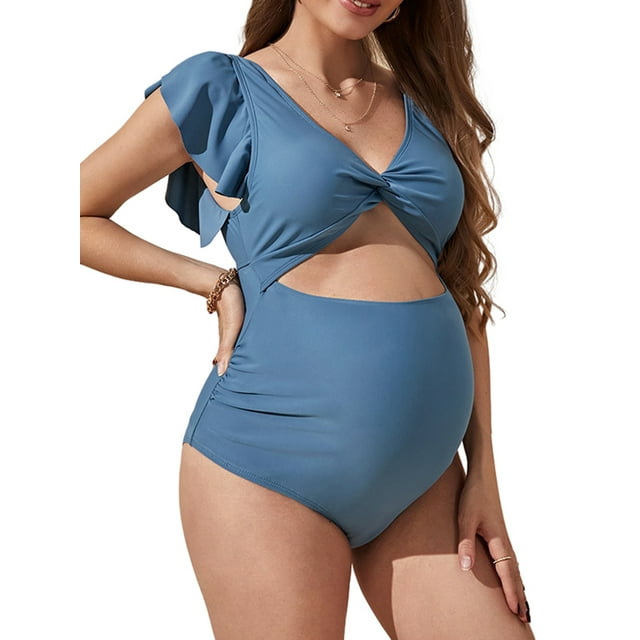 FOCUSNORM Women Swimsuit Maternity Rompers Swimwear Solid Color Ruffles Fly Sleeve V-Neck Backless Pregnancy Bathing Suit