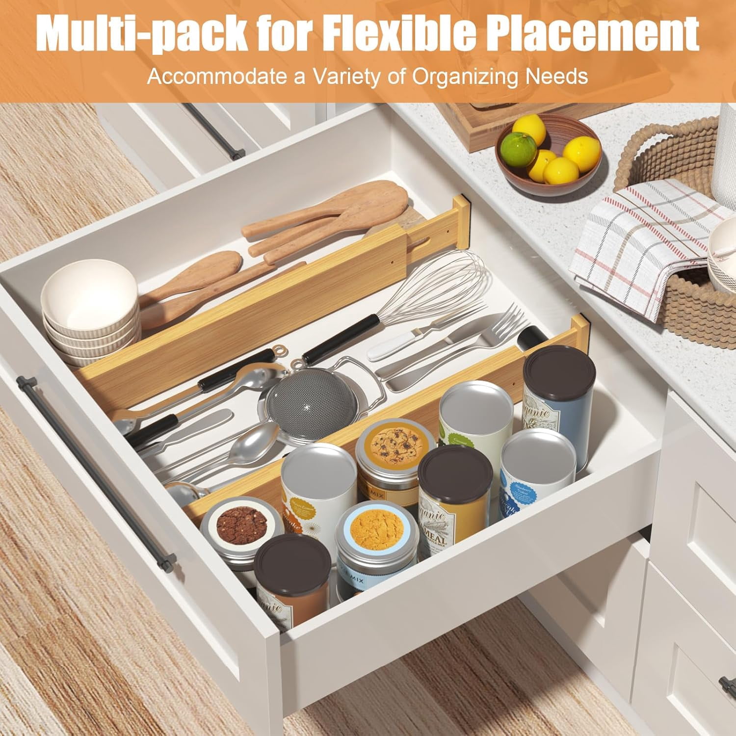 Bamboo Drawer Dividers,17-22" Adjustable Kitchen Drawer Organizer for Clothes,4 Pack Expandable Drawer Organization Separators for Bedroom,Bathroom,Dresser and Office