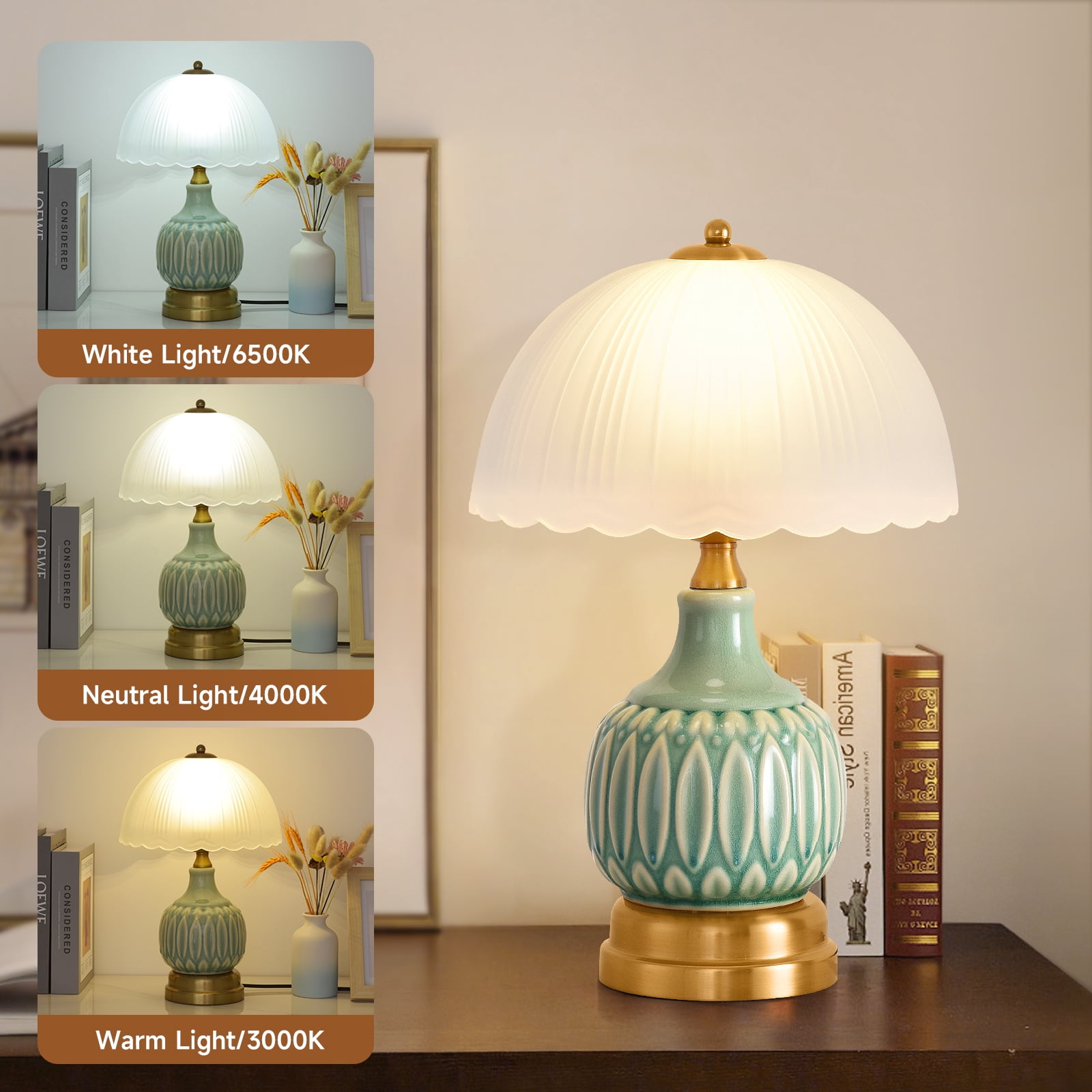 Table Lamps for Bedroom Vintage Golden Table Lamps for Bedroom Ceramic Retro Lamp for Living Room,16" Modern Bedside Nightstand Traditional Lamps, Classic Chinoiserie Green Glass Lamp for Home Decor