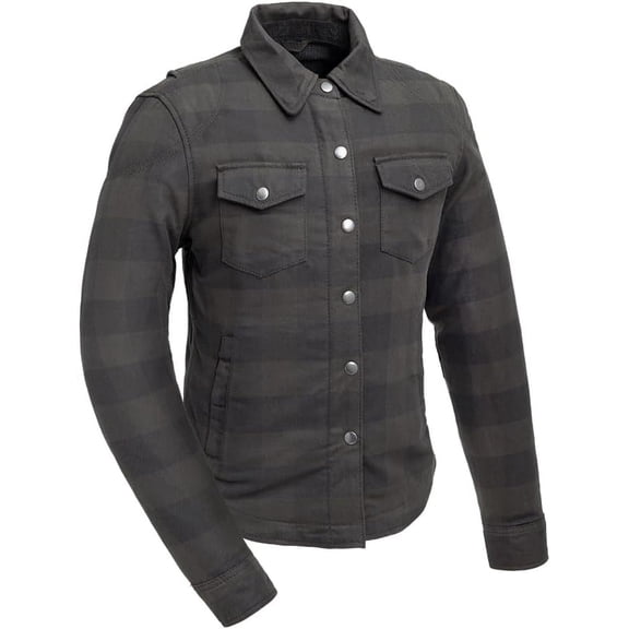 First Mfg Co - Sophia - Women's Motorcycle Biker Riding Flannel Shirt - Black Grey - 2X Large