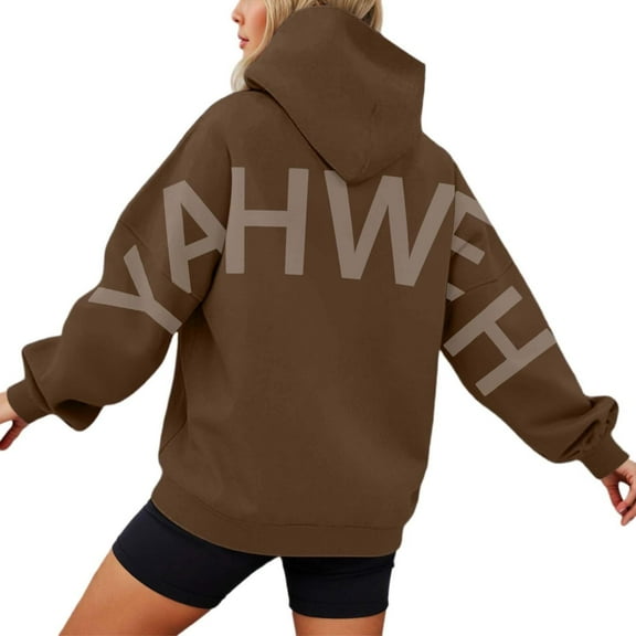 SwiftWear Oversized Back Print Hoodie for Women - Long Sleeve Outerwear Letter Design Cozy Seasonal Pullover Brown