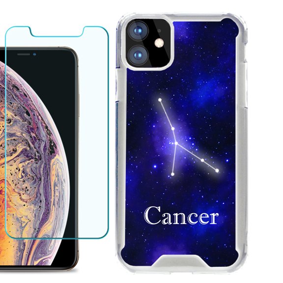 For Apple iPhone 11 Case, Hybrid Bumper Phone Case, with Tempered Glass Screen Protector, by OneToughShield ® - Zodiac / Cancer