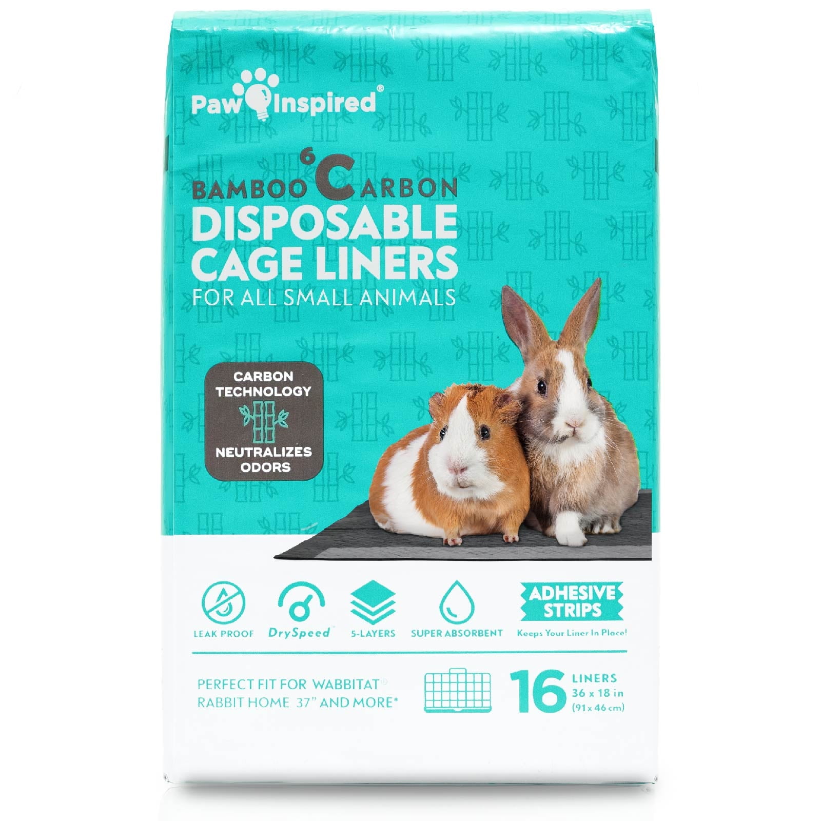 16ct Paw Inspired Disposable Guinea Pig Cage Liners for Wabbitat 37" Cage (36x18") | Bamboo Charcoal Odor Controlling | Super Absorbent Liners Pee Pads for Ferrets, Rabbits, Hamsters, Small Animals