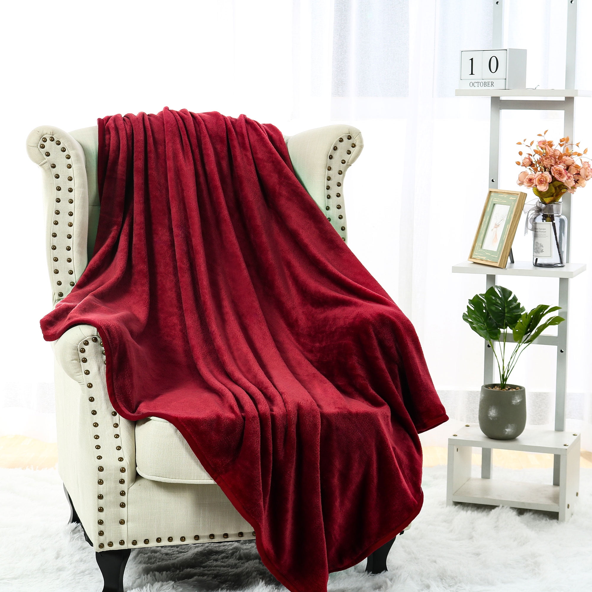 Flannel Throw Blanket Solid Burgundy Warm Lightweight Sofa Couch