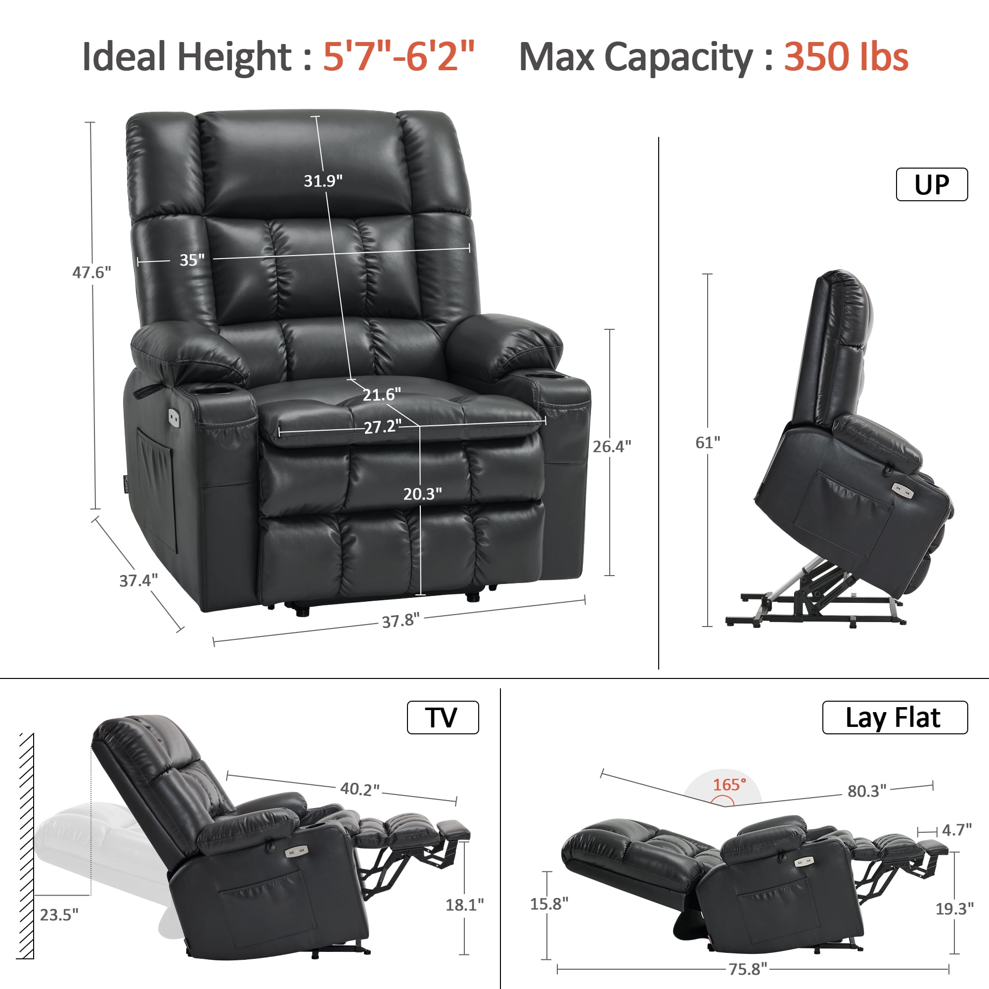 MCombo Large Dual Motor Power Lift Recliner Chair Sofa with Massage and Heat for Big Elderly People, Infinite Position, USB Ports, Faux Leather R7891 (Black, Large-Wide)