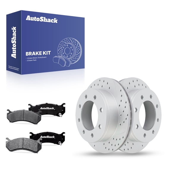 AutoShack Rear Brake Rotors & Ceramic Pads for Chevrolet, Silverado 2500 HD 2001-2006, 4WD RWD V8 6.0L 6.6L 8.1L - Coated Drilled & Slotted - Silver Matte Finish - TurboGuard - 12.99" (330 mm), 8-Lug