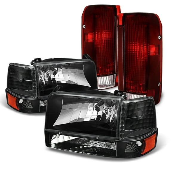 AKKON - Fits 1992-1996 Ford F150 F250 F350 Bronco Pickup Truck Black Headlights Dark Red Tail Brake Lamps Pair Left Right