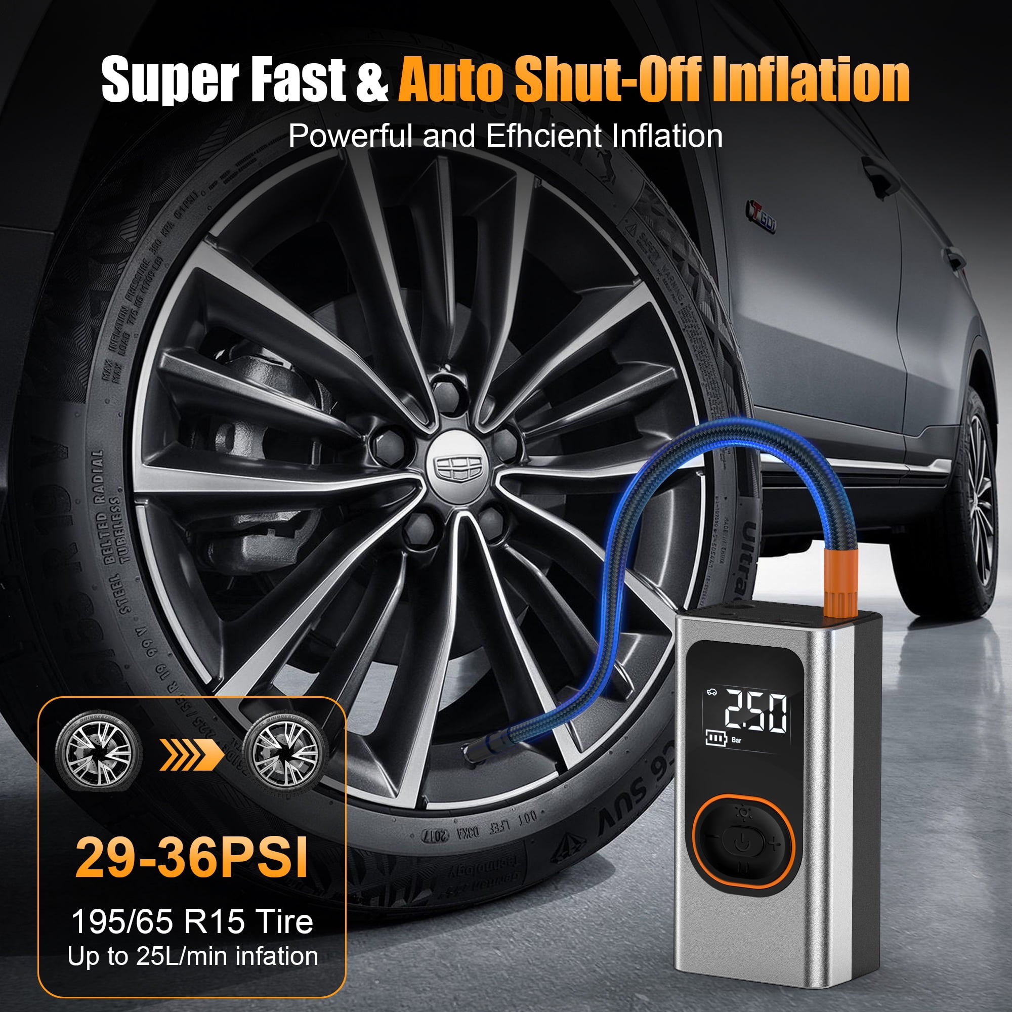 Scootworks Cordless Tire Inflator Portable Air Compressor, Dual Mode Inflation, Auto Air Pump for Car Tires, Motorcycle, Bikes, Smart Electric Pump with LED Light & Digital Pressure Gauge