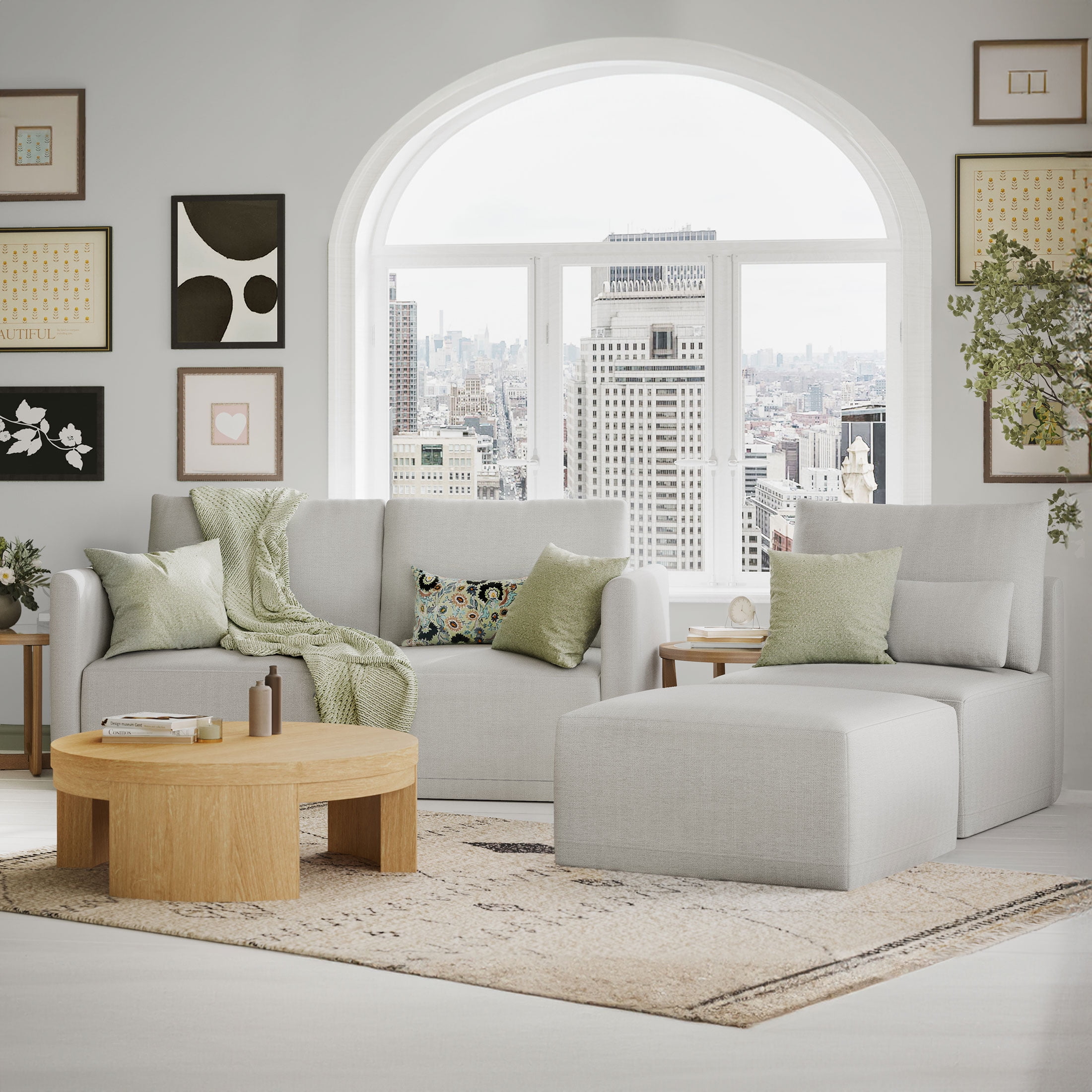 Beautiful Drew Modular Sectional Sofa with Ottoman by Drew Barrymore, Porcini Taupe