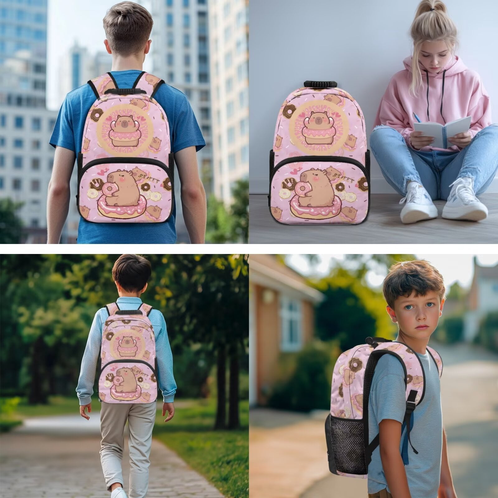 Pzuqiu Bee Capybara School Backpack for Boys 17 Inch Back Pack for School Girls with Lunch Box Pencil Case 2pcs Bookmark,4 Pcs Rucksack Travel Bag for Kids 8-12 Christmas Gifts