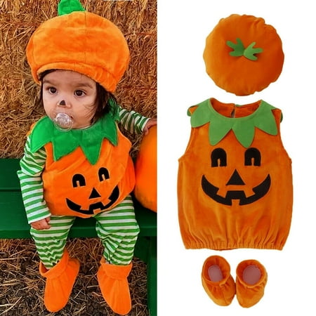 3PCS Newborn Baby Girl Boy Halloween Pumpkin Costume Romper Dress Shoes Hat Outfits Age For 0-3