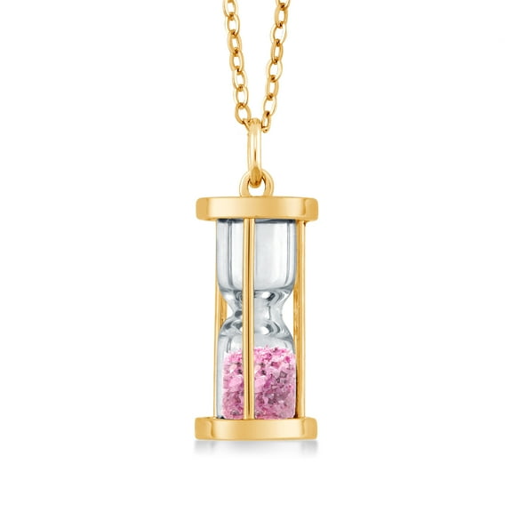 Gem Stone King 18K Yellow Gold Plated Silver Hourglass Pendant with 0.50 Ct Pink Diamond Dust and 18 inches Chain