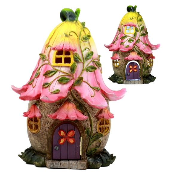 Ebros LED Light Up Miniature Enchanted Fairy Garden Trumpet Lily Cottage House With Moving Door Figurine