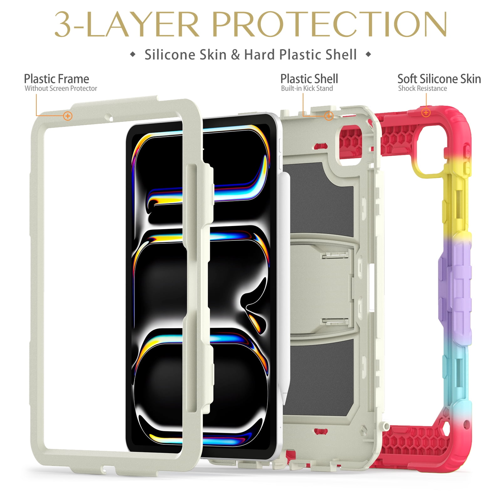 Rugged Case For Apple iPad Pro 11 (2024) – 3-Layer Protection Shockproof Stand Cover with Screen Protector, Adjustable Stand, Shoulder Strap, & Pencil Holder -- Colorful Red