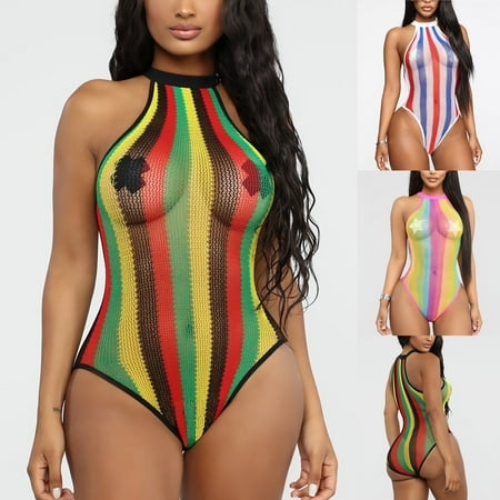Elainilye Fashion Womens Swimsuits One Piece Color Matching Halterneck Sexy Mesh Bikini Sexy One-piece Swimsuit Black