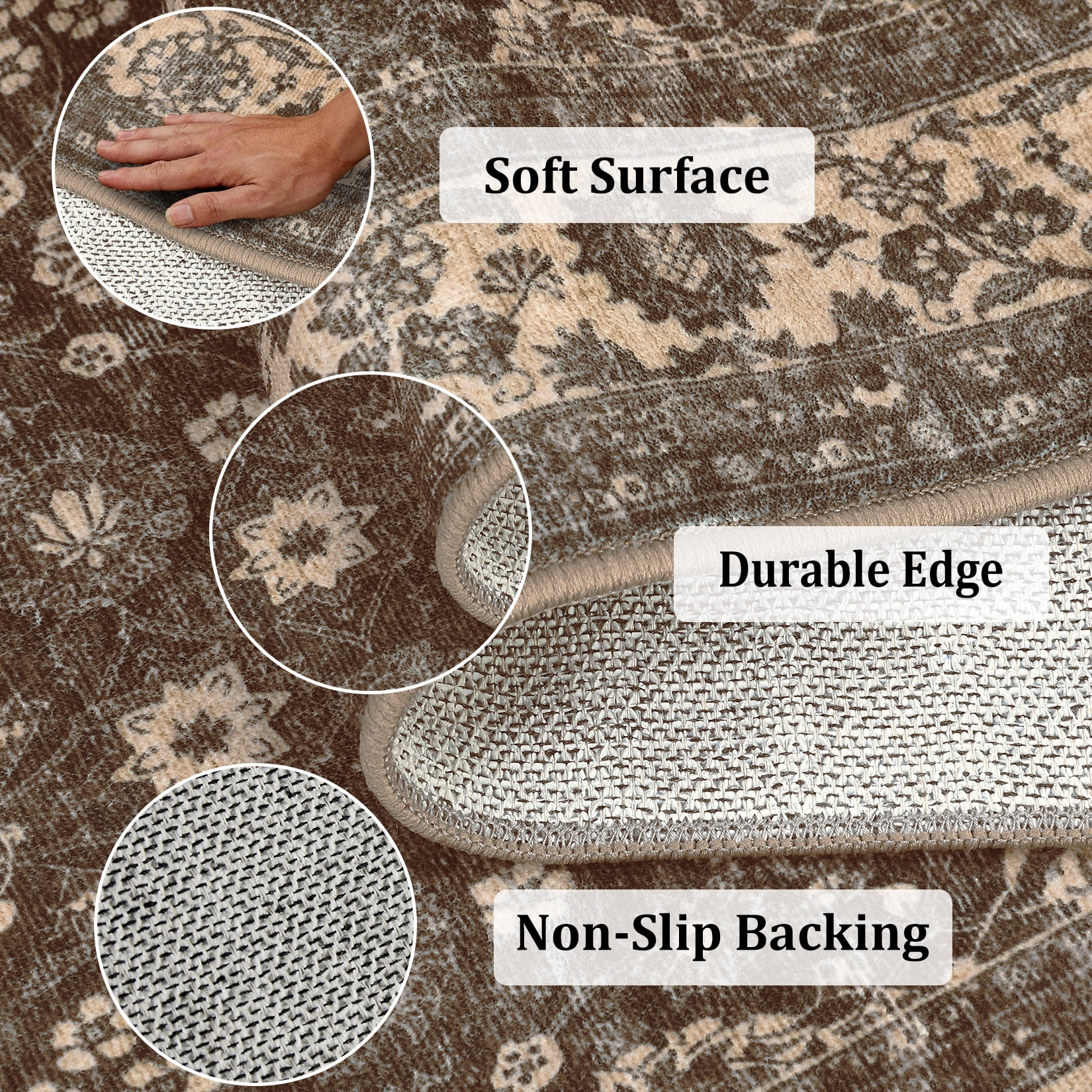 2x6 Runner Rug Vintage Floral Machine Washable Rugs, Non-Slip Vintage Boho Ultra-Thin Throw Carpet for Hallway Entryway Brown