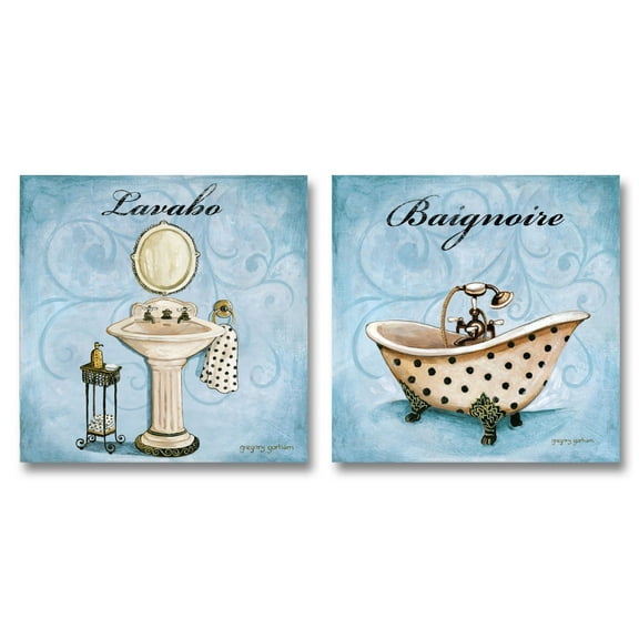 Black and Light Blue Pedestal Sink and Clawfoot Tub Adult Bathroom Decor; 2 - 12" x 12" Unframed Posters