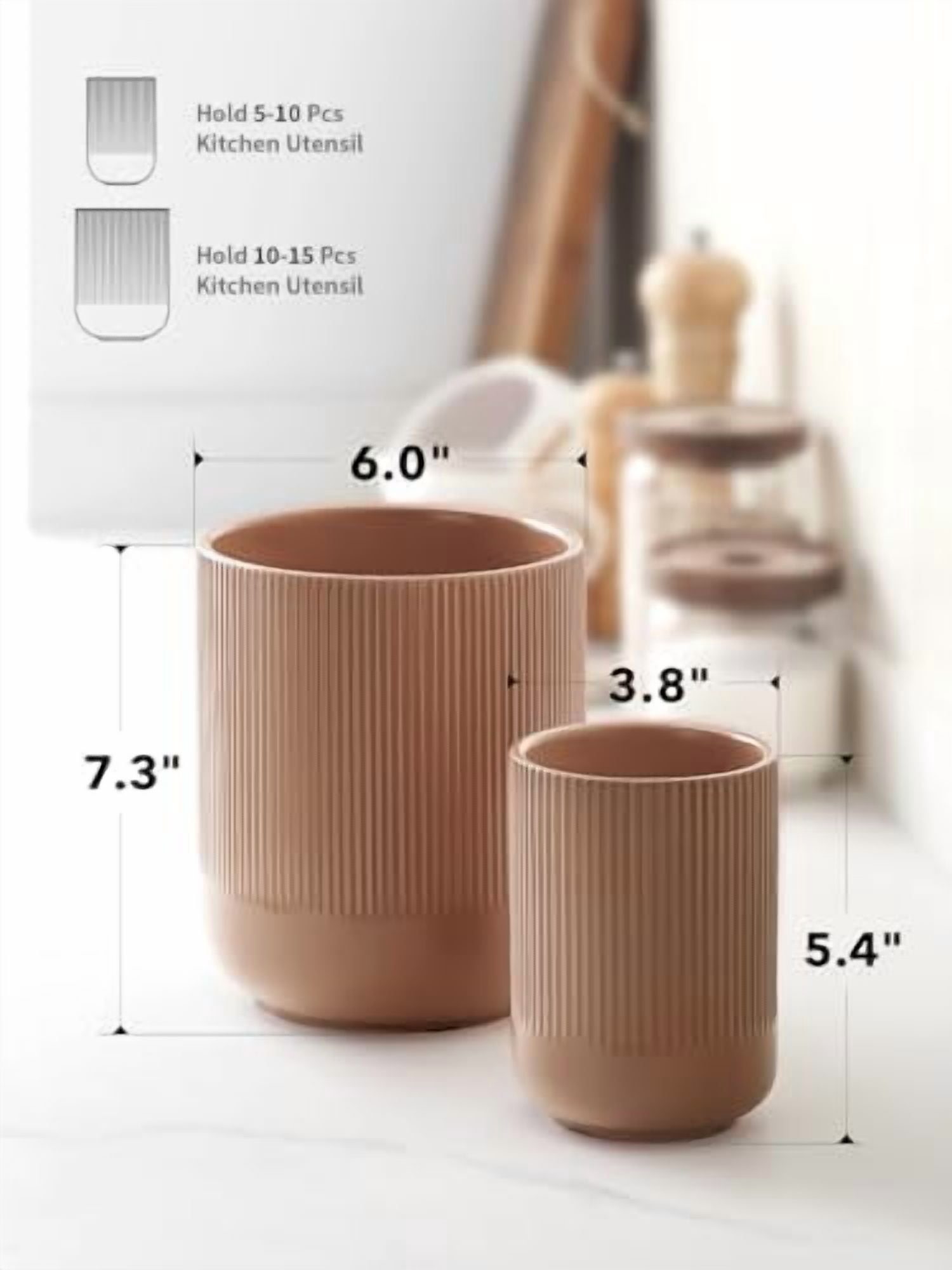 Utensil Holder for Kitchen Counter, 7.3"+5.4" Fluted Ceramic Utensil Crock Organizer for Countertop, Heavy Large Holder for Spatulas, Spoons, Set of 2, Dusty Coral