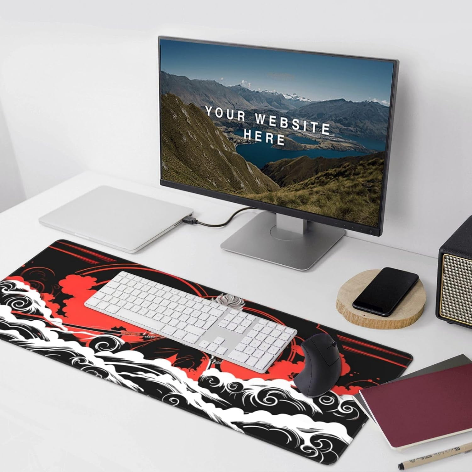 Japanese Samurai Cool Anime Red and Black Mouse Pad Extended XXXL 35.4" x 15.7" Desk Pad with Stitched Edges, Non Slip Rubber Base Gaming Keyboard Mouse Mat for Home Computer Office Laptop