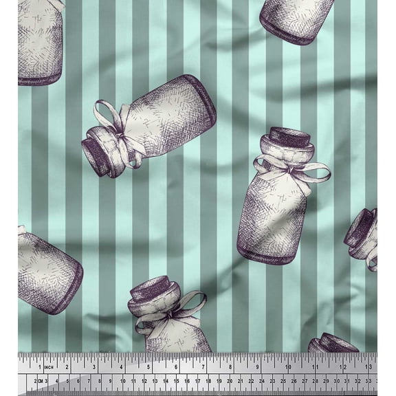 Soimoi Green Poly Georgette Fabric Stripe & Jar Kitchen Decor Fabric Printed Yard 42 Inch Wide