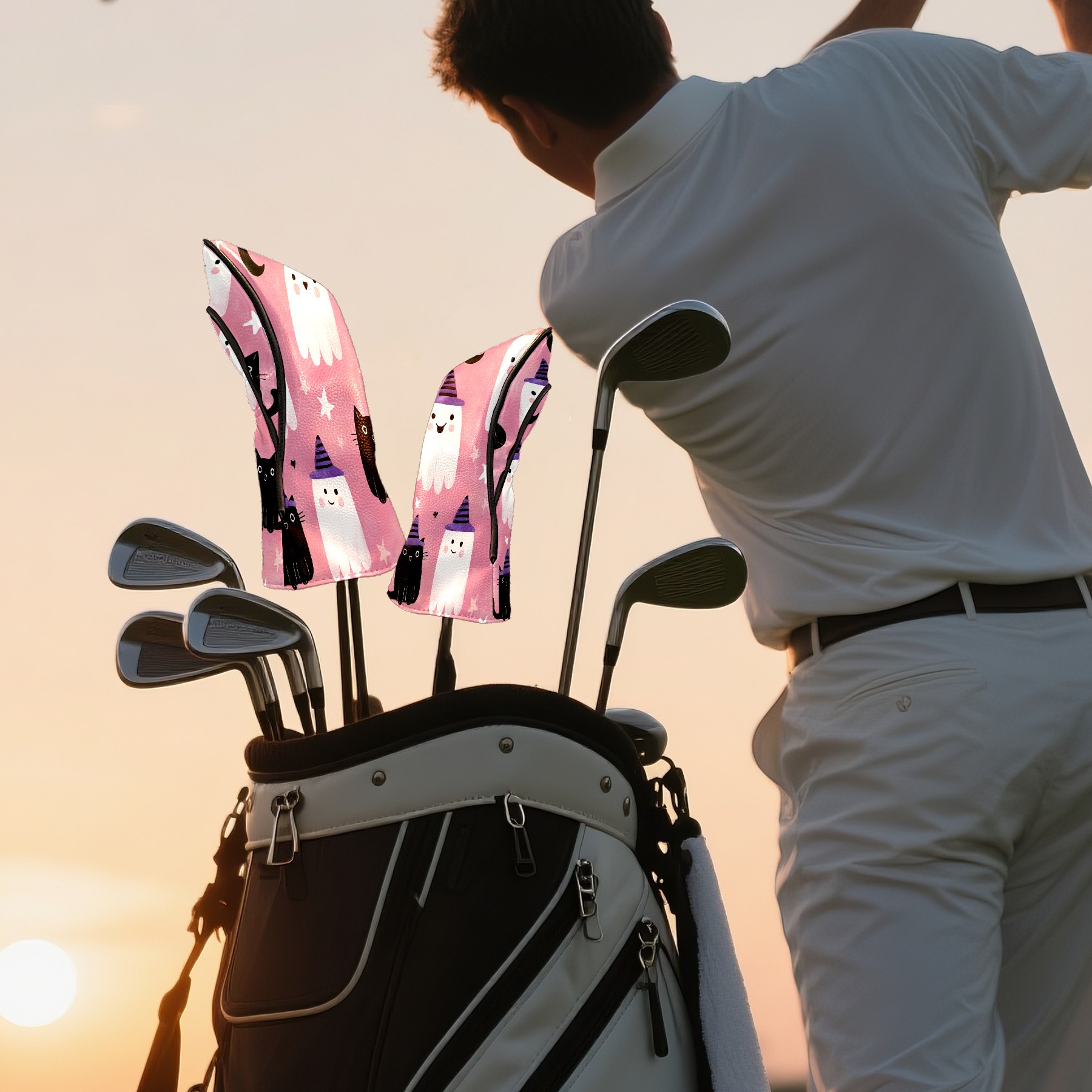 Golf Club Covers, Pink GhostCatMoon Premium PU Leather Driver Hybrid Putter Head Covers with Velvet Lining, Waterproof Golf Gifts for Men Women