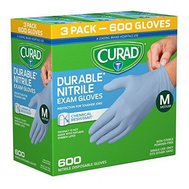 CURAD Nitrile Exam Gloves, Durable, Powder Free, Chemical Resistant, Medium, 600 Count, Color May Vary