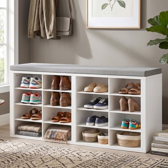Shoes Storage Bench with Cushion, 16 Cubby Shoe Rack, Entryway Bench with Storage for Hallway Living Room Bedroom, Multifunctional Organizer Holds 440lbs Sturdy Space